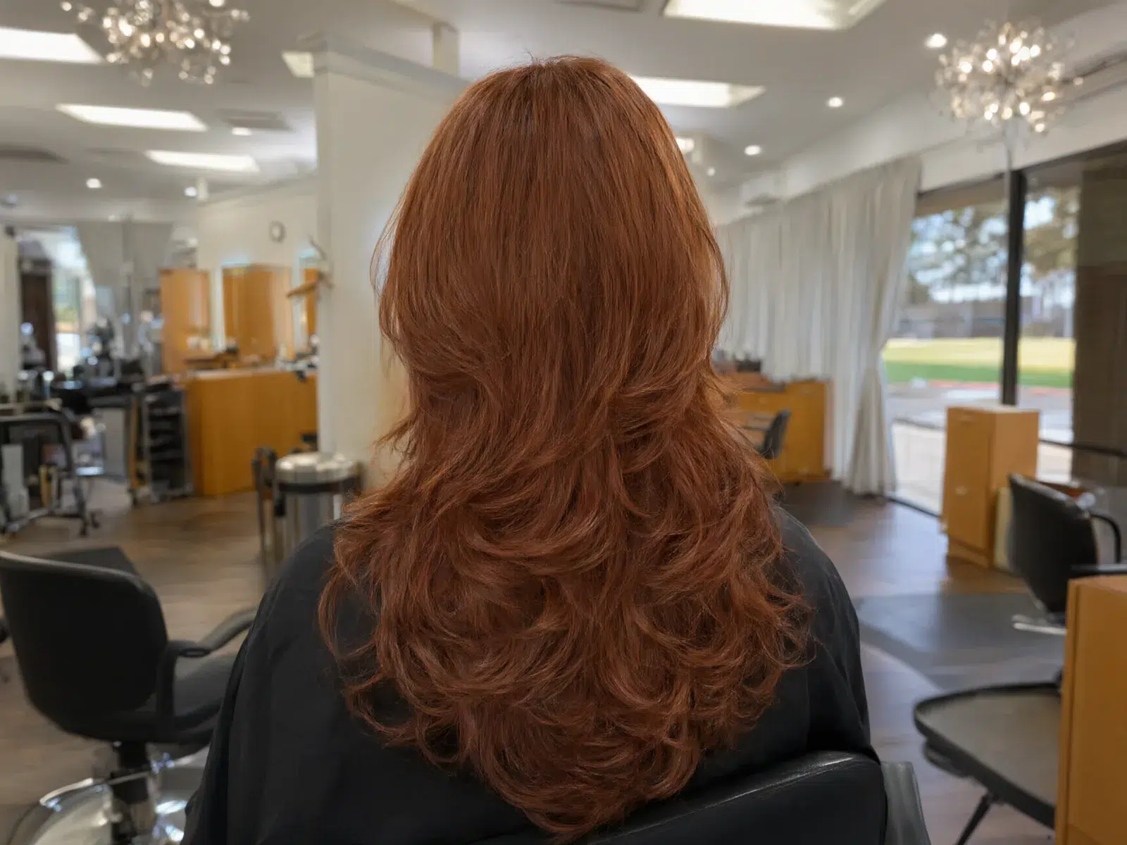 Close-up: long copper-red hair with glossy curls