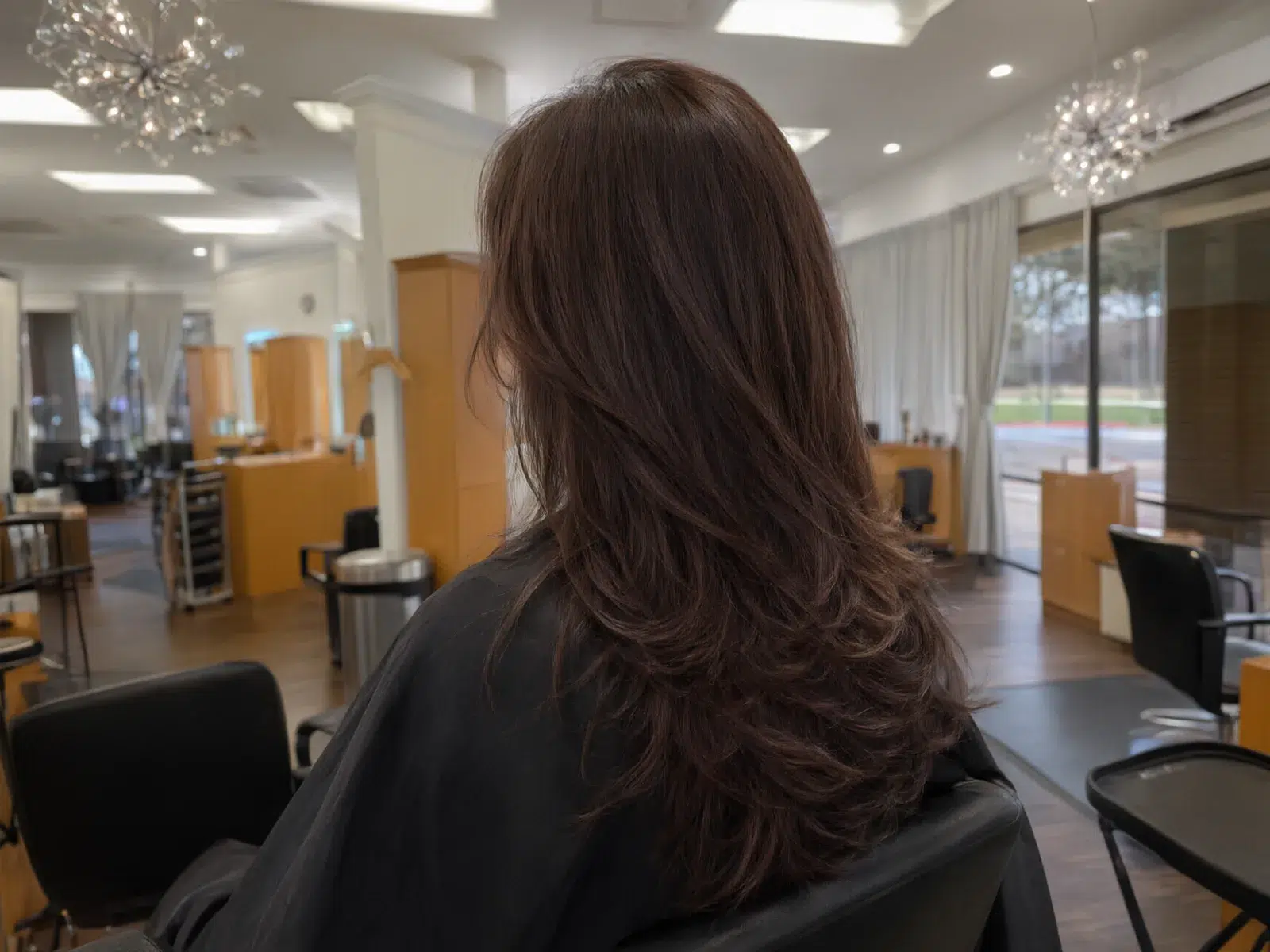 Close-up: rich glossy brunette hair color with soft dimension
