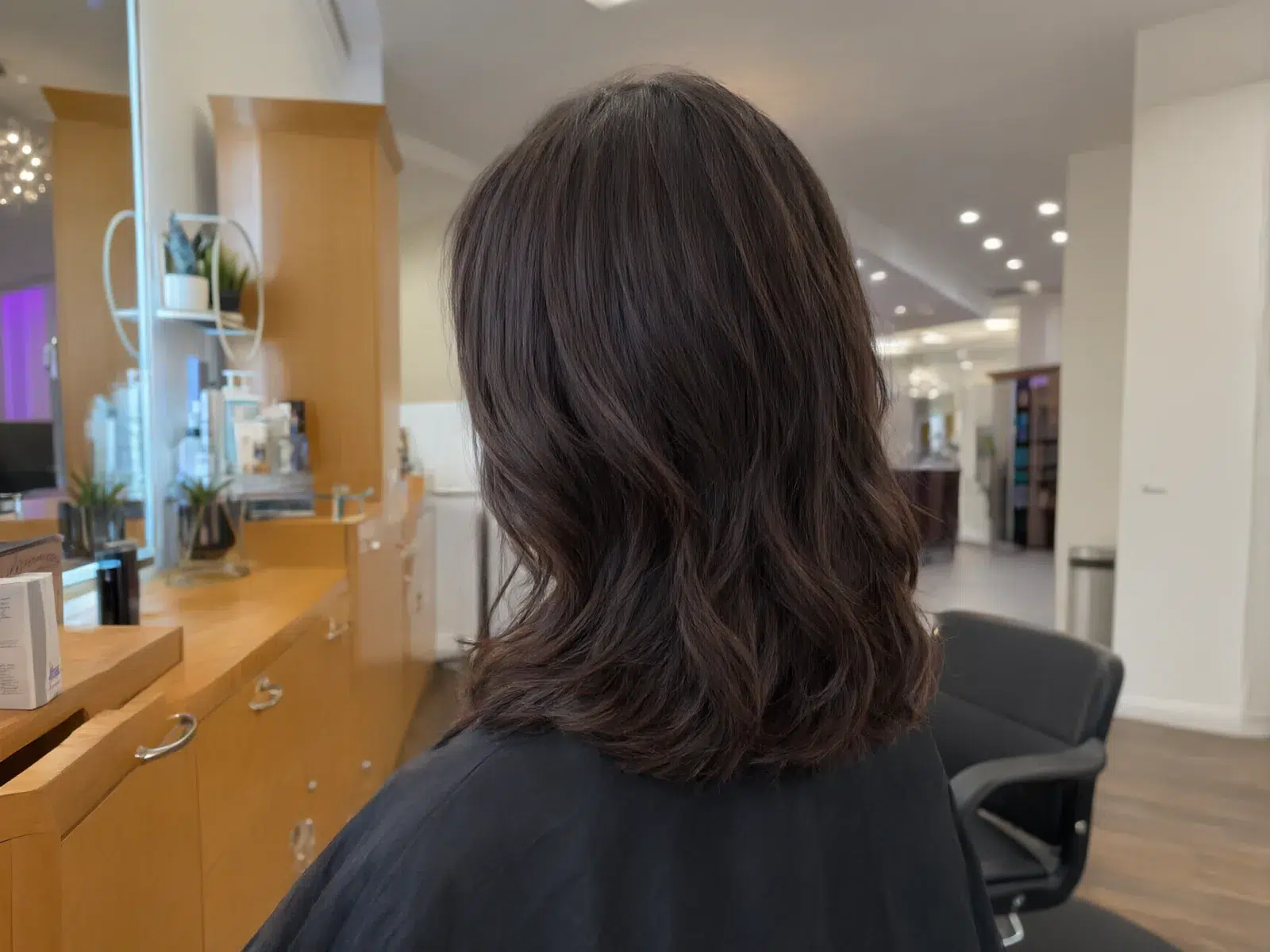 Close-up: shoulder-length sleek dark brunette bob