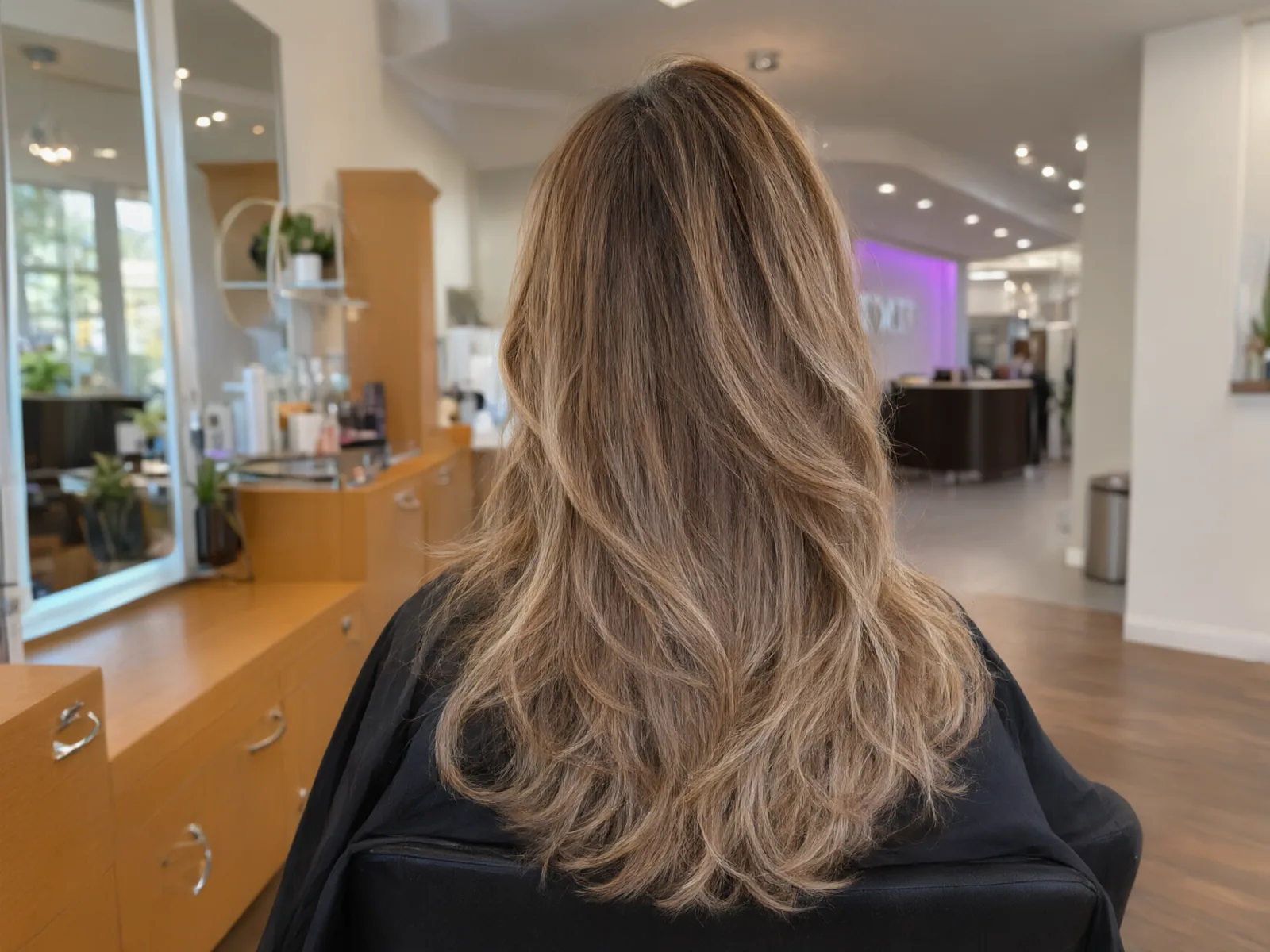 Close-up: soft hand-painted balayage in honey and caramel tones, blended at the roots