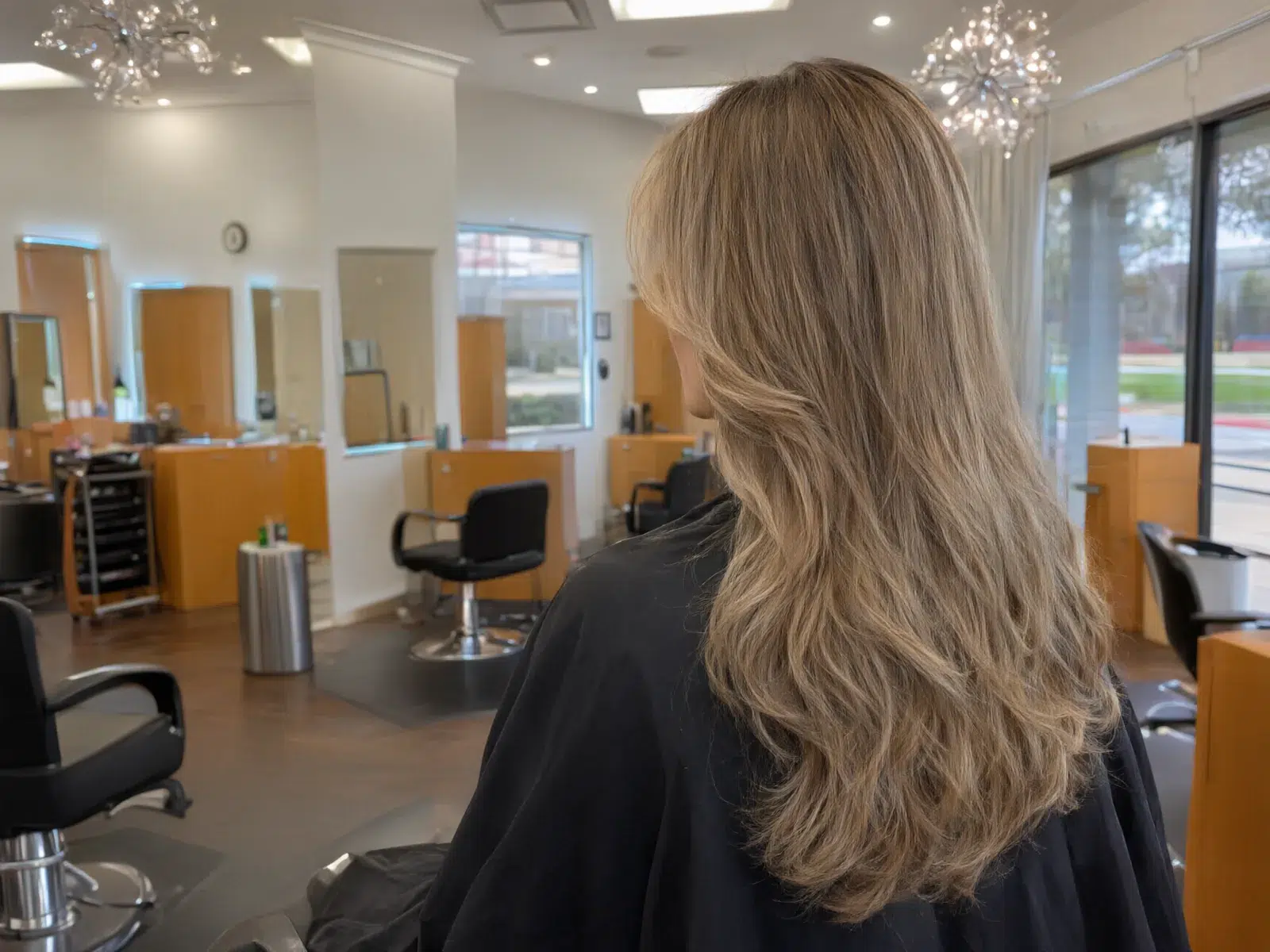Long, full hair extensions blended seamlessly, soft waves at Salon D in Dallas