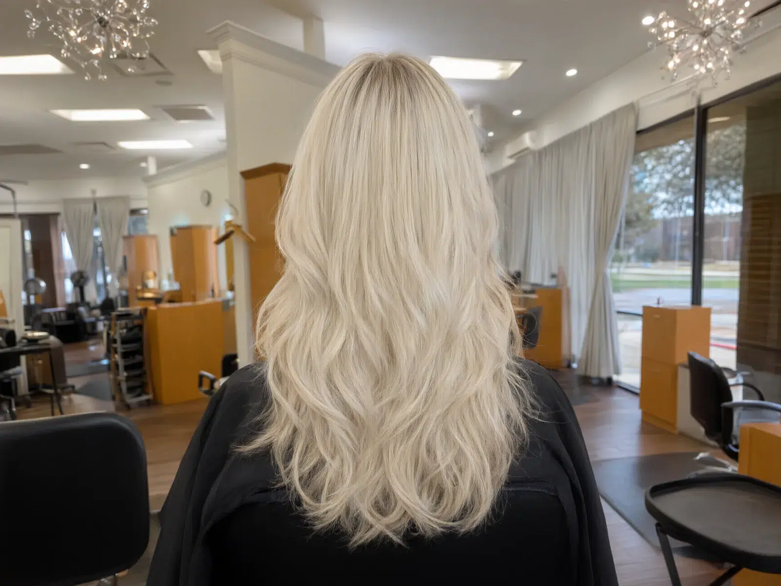 Long, full hair extensions blended seamlessly, soft waves, in the salon chair at Salon D