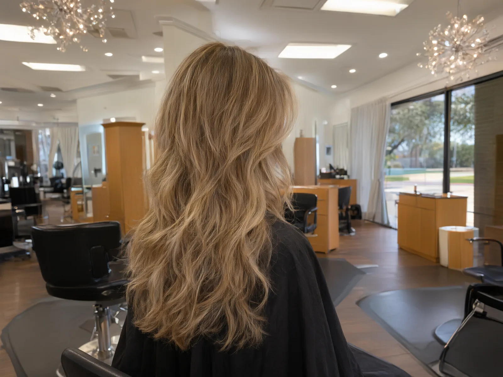 Long honey-blonde balayage in soft waves, in the salon chair at Salon D