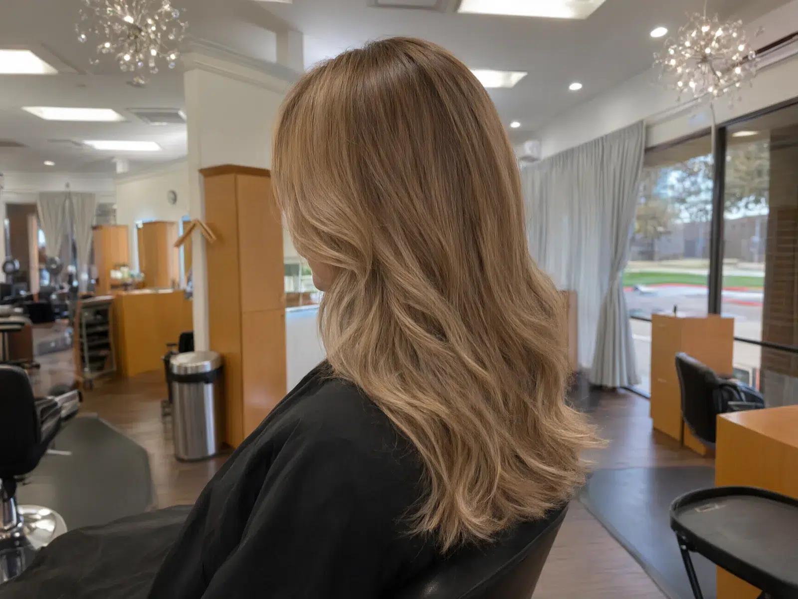 Long honey-blonde balayage in soft waves, Salon D Dallas
