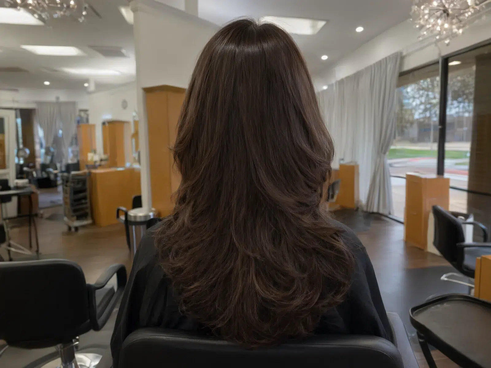 Rich glossy brunette hair color with soft dimension at Salon D in Dallas