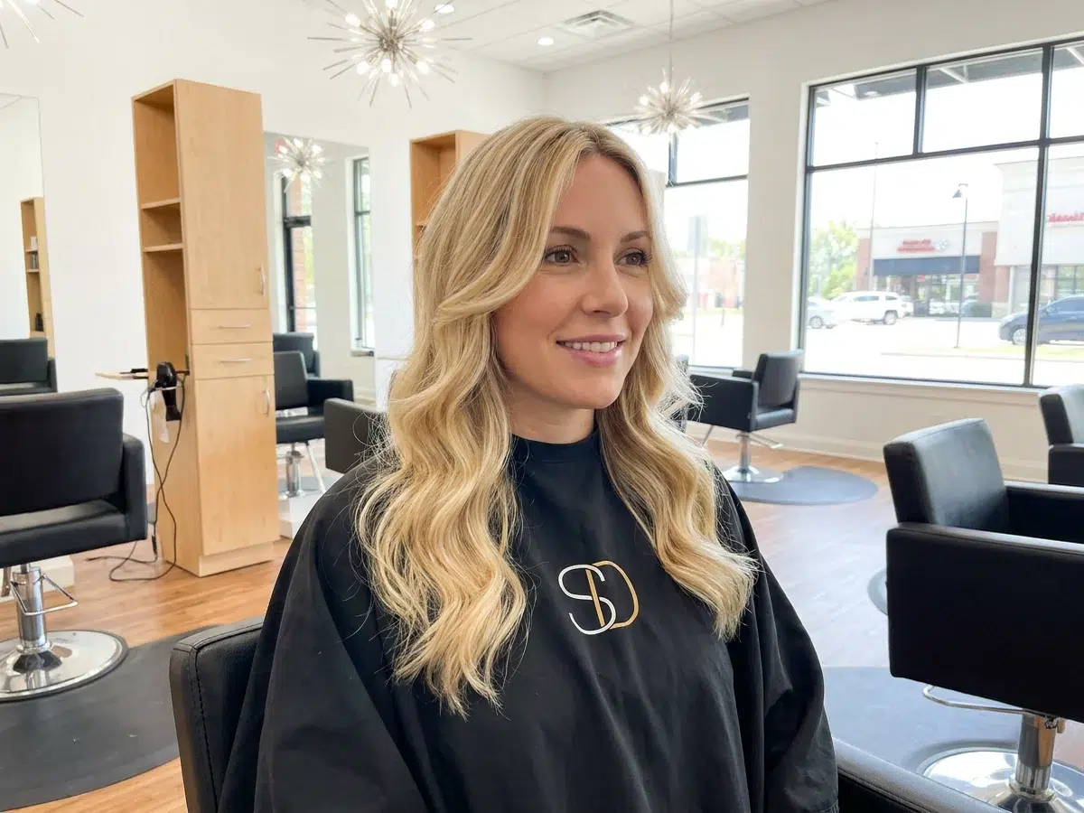 Long, layered blonde hair with soft waves, finished at Salon D in Dallas