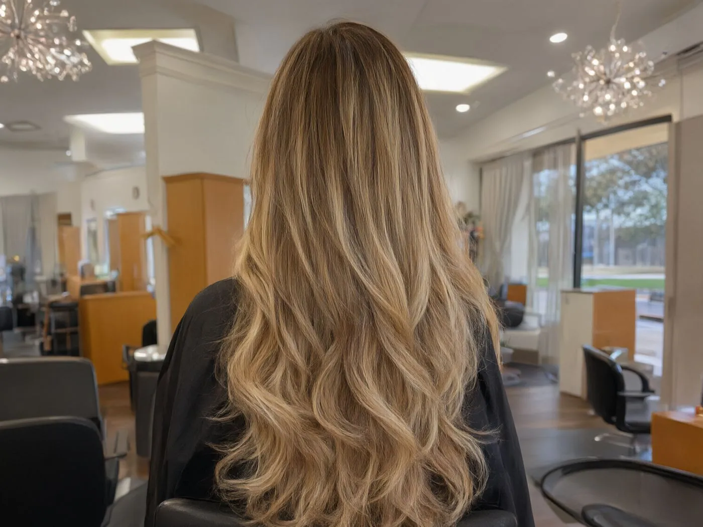 Long, layered blonde hair with soft waves, finished at Salon D in Dallas