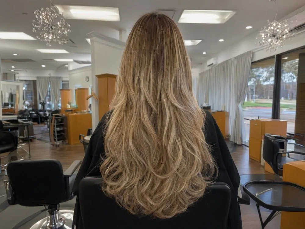 After: long layered hair extensions, brunette with light golden-blonde highlights, at Salon D