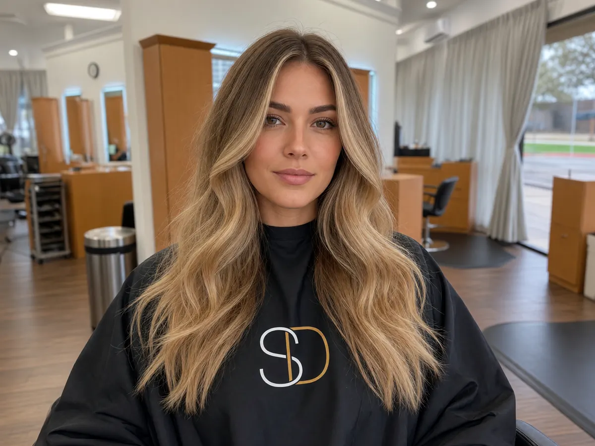 Hand-painted honey-blonde balayage at Salon D in Dallas