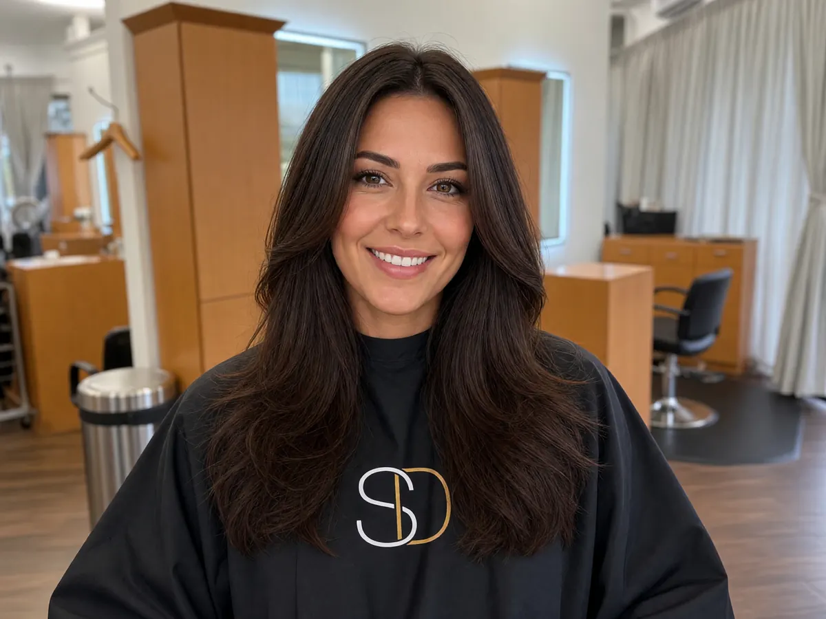Rich, glossy all-over chocolate-brown color at Salon D in Dallas