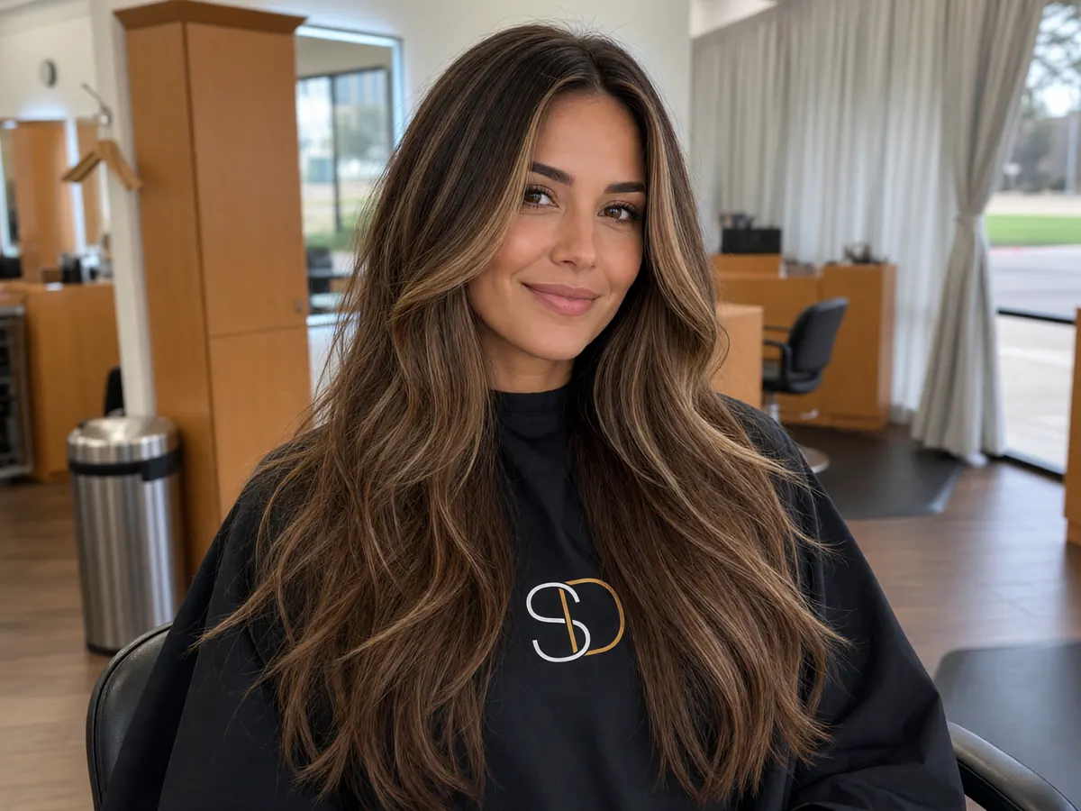 Long, layered blonde hair extensions with caramel highlights at Salon D in Dallas