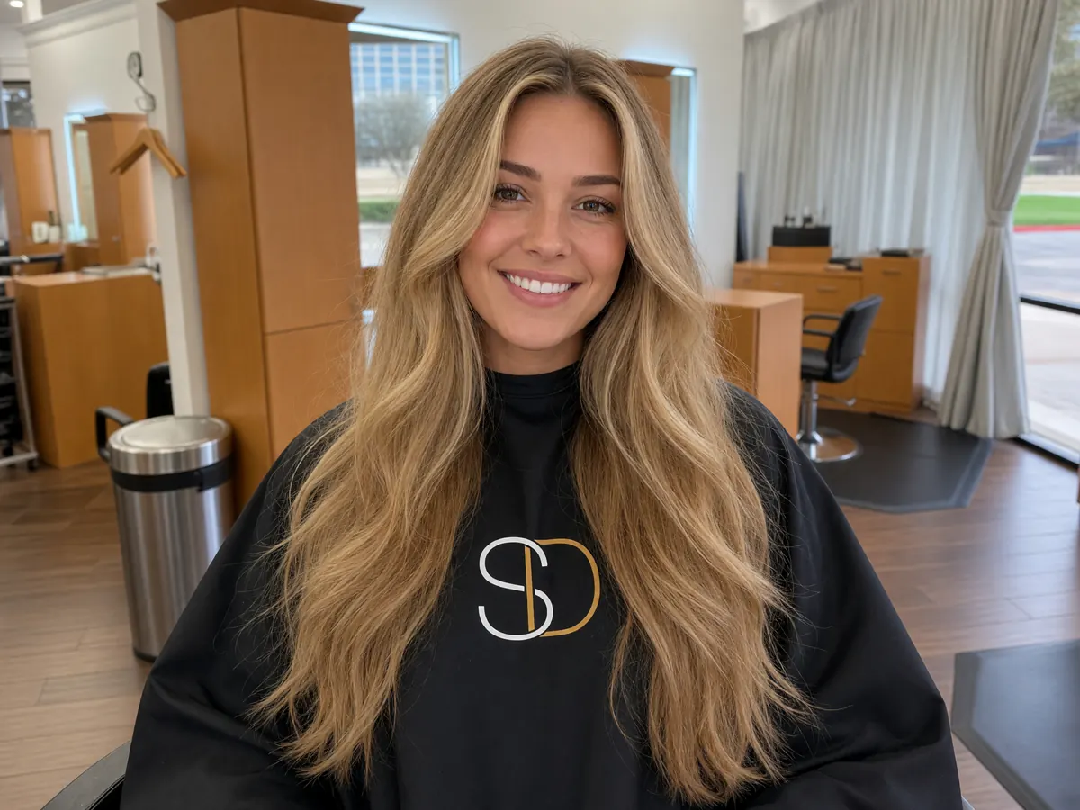 Long, full golden-blonde hair extensions at Salon D in Dallas