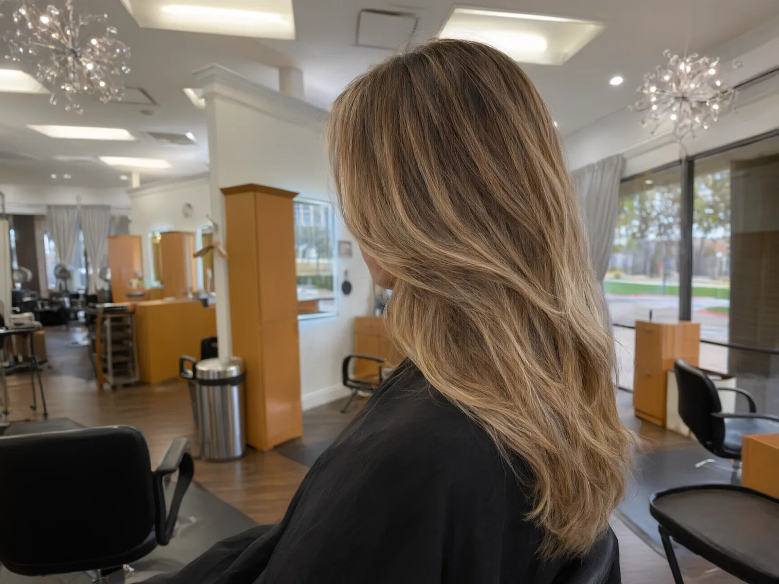 Soft hand-painted balayage in honey and caramel tones, blended at the roots, Salon D Dallas
