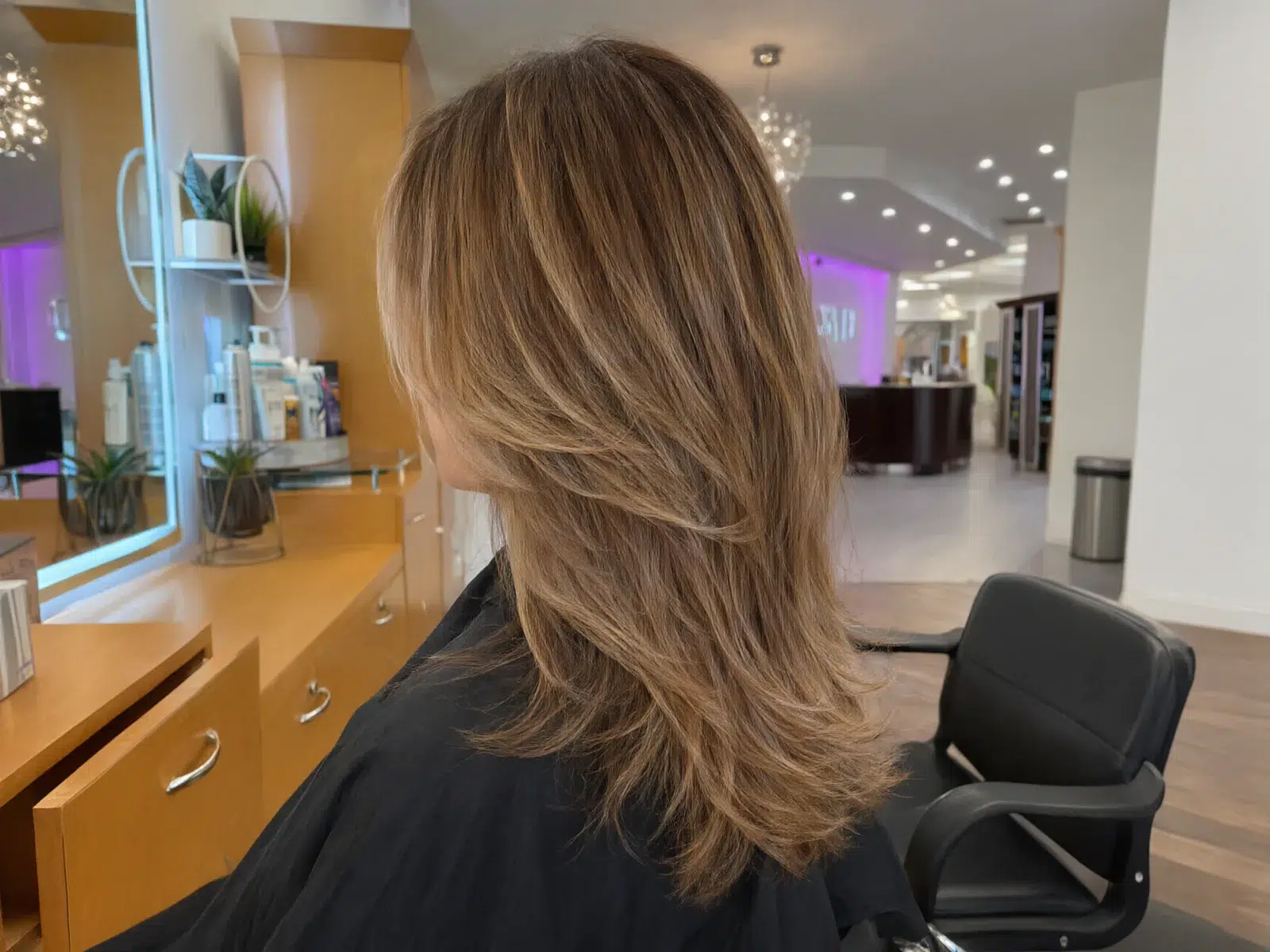 Soft hand-painted balayage in honey and caramel tones, blended at the roots, Salon D Dallas