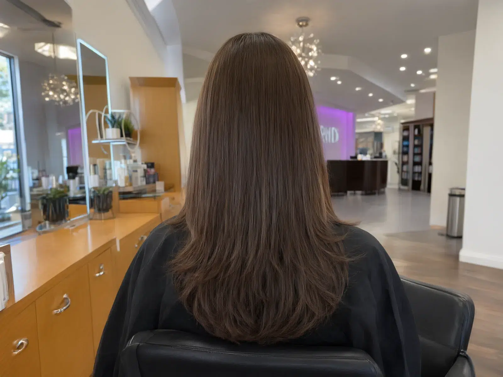 Straight, sleek, glass-smooth brunette hair after a keratin treatment, in the salon chair at Salon D